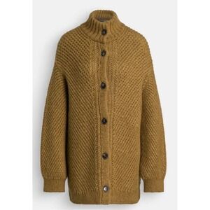 NEW CLOSED Chunky Knit Mock Neck Button Front Cardigan Sweater Khaki Large
